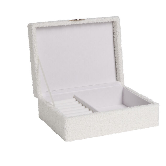 Bo&icirc;te &agrave; bijoux en bois rev&ecirc;tement tissu bouclette blanc