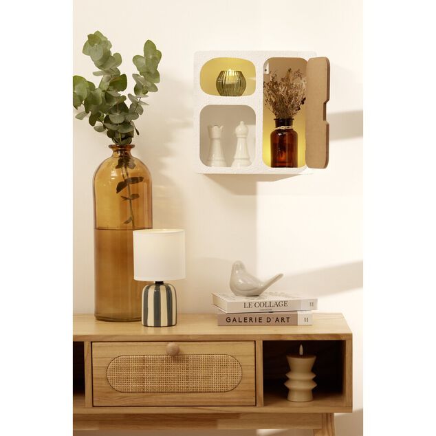 Mini &eacute;tag&egrave;re en bois 3 niches dont 1 porte blanc et marron 30x13xH32,5cm