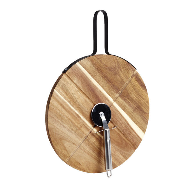 Plateau &agrave; pizza en bois avec roulette en acier