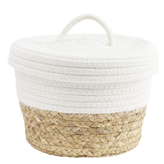 Pani&egrave;re avec couvercle coton jute blanc et naturel petit mod&egrave;le &Oslash;22xH15cm