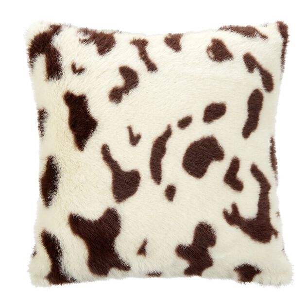 Coussin carr&eacute; motif peau de vache tachet&eacute; blanc et marron 40x40cm