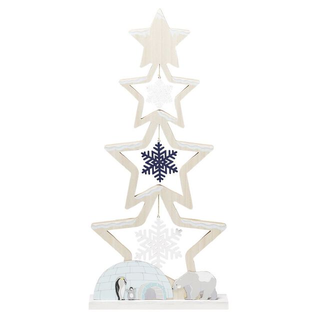 Sapin bois &agrave; poser d&eacute;cor flocons banquise bleu et blanc H75cm