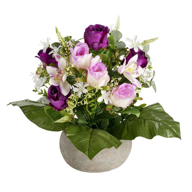 Composition florale artificielle rose orchid&eacute;e bruy&egrave;re vase ciment &Oslash;40xH38cm