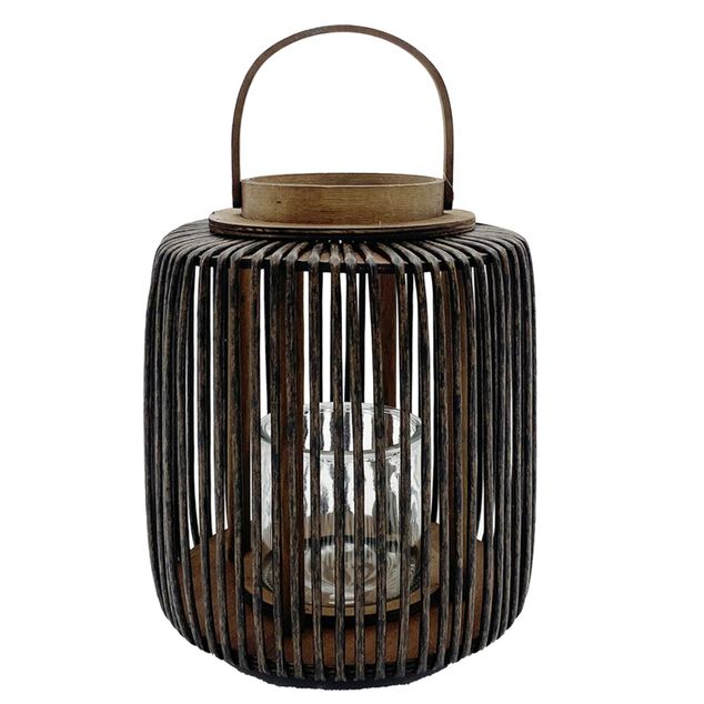 Lanterne ajour&eacute;e m&eacute;tal et bois noir et marron &Oslash;19,5xH30cm