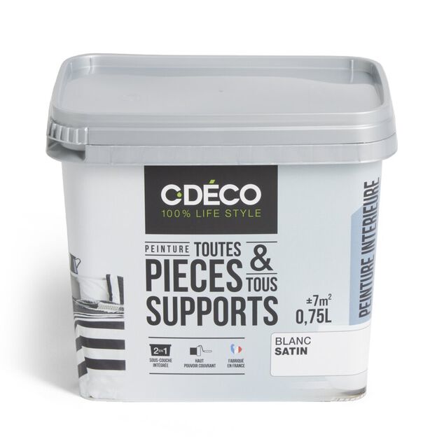 Peinture int&eacute;rieure C'D&Eacute;CO tous supports 750ml blanc satin&eacute;
