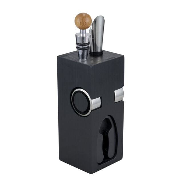 Accessoire &agrave; vin 6 pi&egrave;ces avec support en bois noir 6x6xH16cm