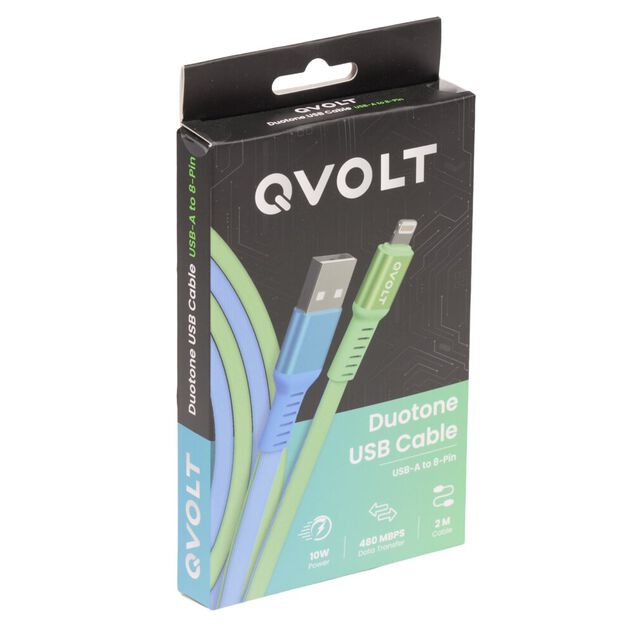 C&acirc;ble USB-A vers Lightning charge rapide bicolore vert et bleu 2m
