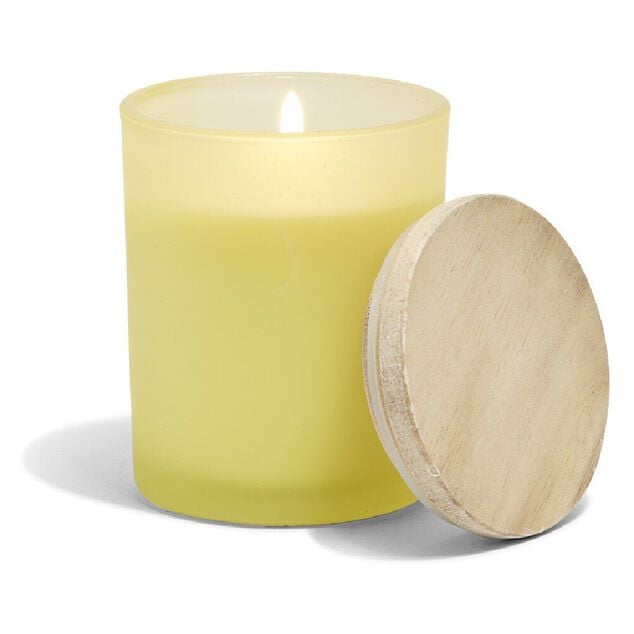 Bougie citronnelle couvercle bois verre jaune &Oslash;7xH8,5cm