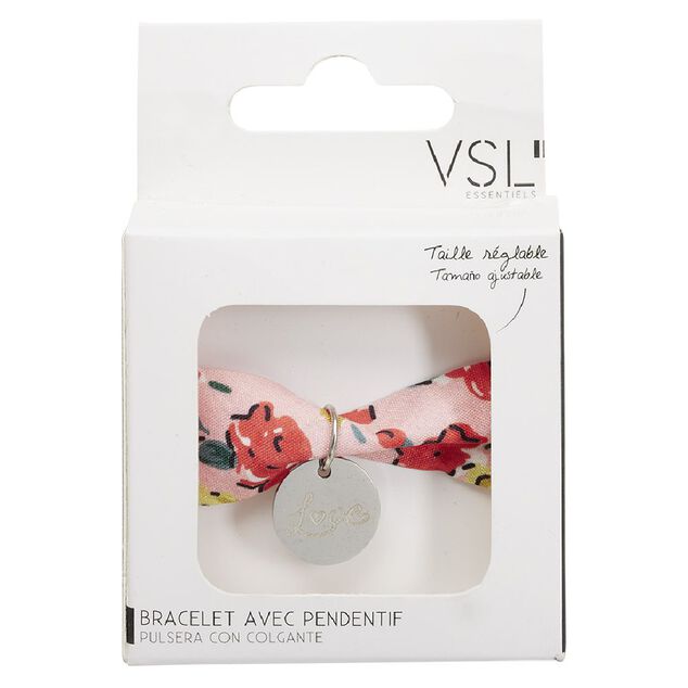 Bracelet ajustable en tissu motif floral avec pendentif Love L19cm