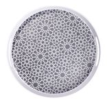 Plateau rond m&eacute;lamin&eacute; motif g&eacute;om&eacute;trique blanc et bleu &Oslash;34,5xH5cm