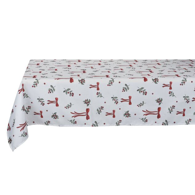 Nappe polyester imprim&eacute; noeuds et houx L300X140 cm blanc rouge et vert