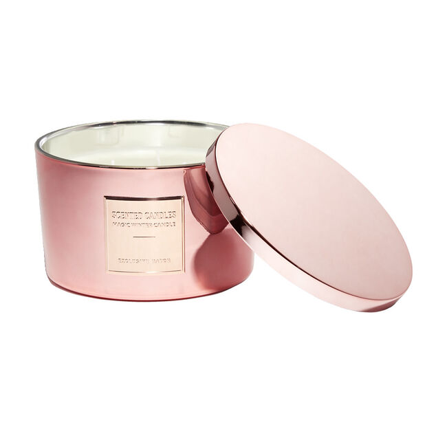 Bougie avec couvercle pot m&eacute;tallis&eacute; rose gold senteur pain d'&eacute;pices 30H