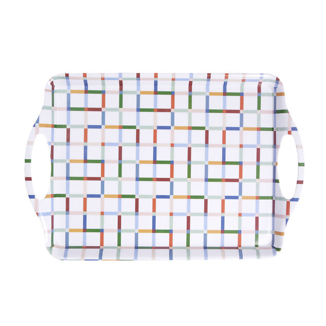 Plateau rectangulaire blanc motifs carreaux multicolores 34x50,5cm