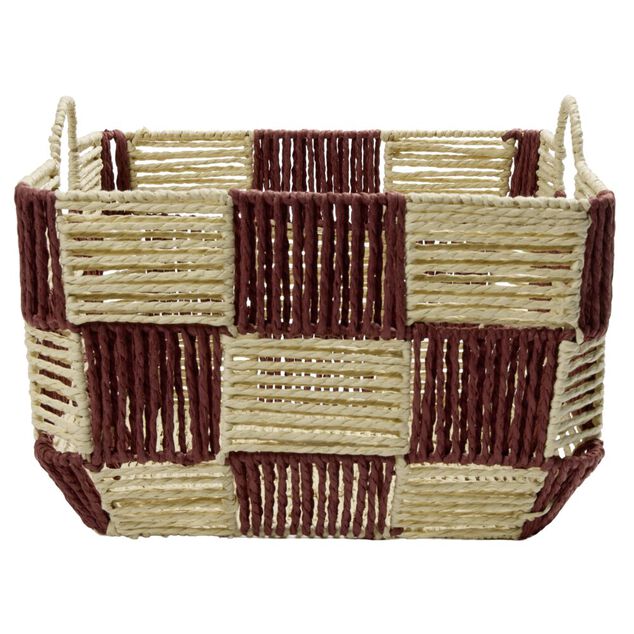 Pani&egrave;re de rangement carr&eacute;e damier papier beige et rouge 34x34xH24cm