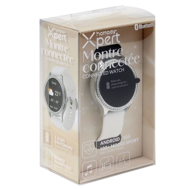 Montre connectée ronde strass bracelet silicone Ø5cm (2 modèles blanc ou rose)