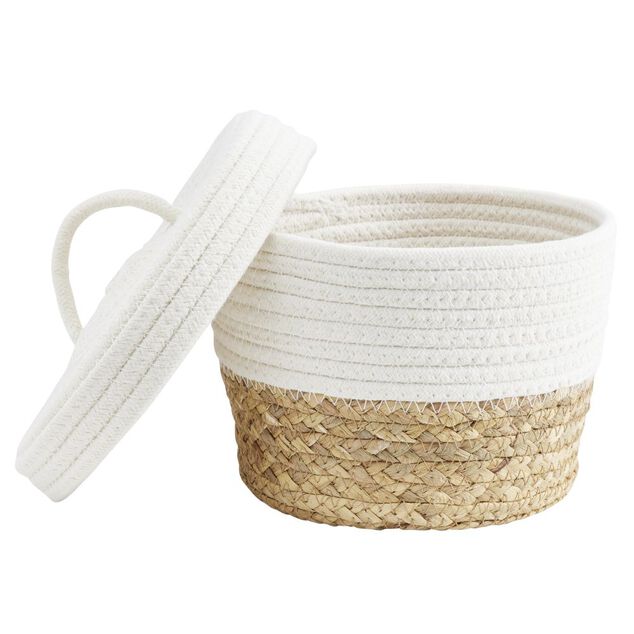 Pani&egrave;re avec couvercle coton jute blanc et naturel petit mod&egrave;le &Oslash;22xH15cm