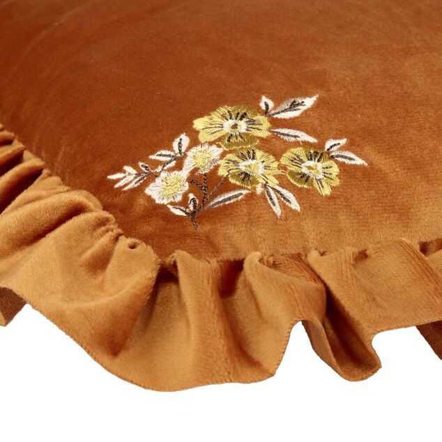 Coussin carr&eacute; &agrave; volant angles fleurs brod&eacute;es 40x40cm (2 mod&egrave;les marron ou vert)