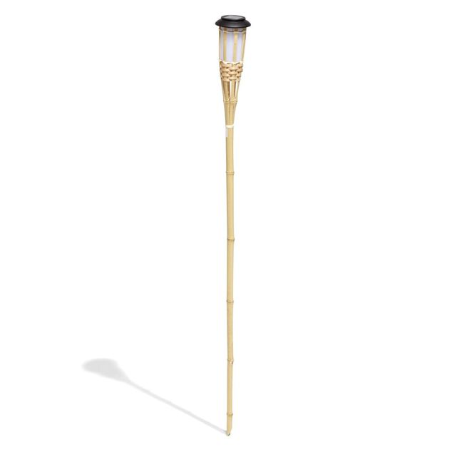 Torche solaire effet flamme 12 LED blanc chaud bambou H120cm
