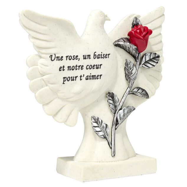 Plaque fun&eacute;raire inscription oiseau et fleur rose rouge r&eacute;sine blanc 21,5x9xH23cm