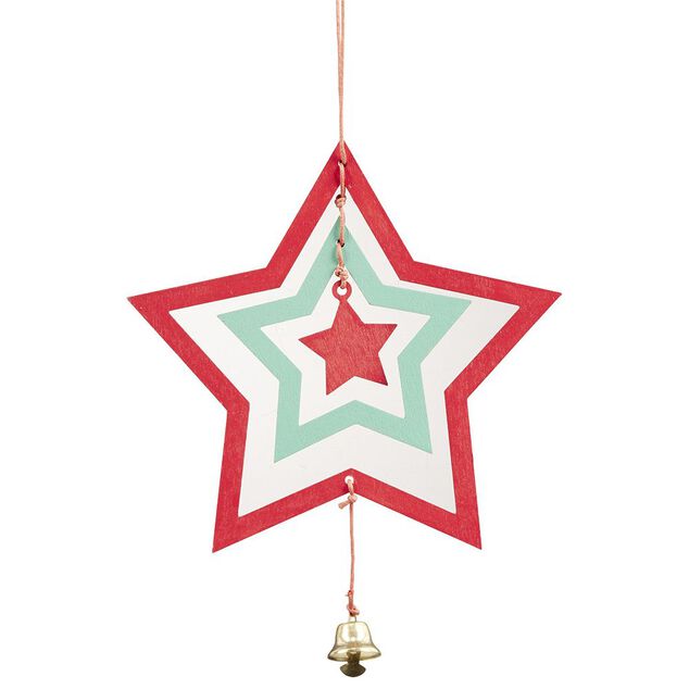 D&eacute;coration de No&euml;l bois 3D forme &eacute;toile rouge et verte avec clochette