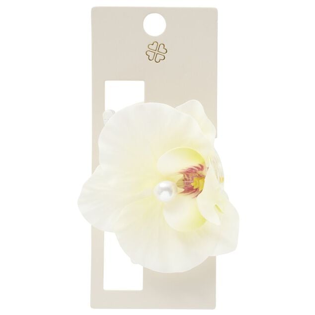 Pince cheveux plastique perle nacr&eacute;e fleur orchid&eacute;e jaune L12cm
