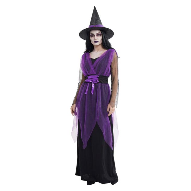 D&eacute;guisement Halloween femme robe sorci&egrave;re avec chapeau noir et violet taille S