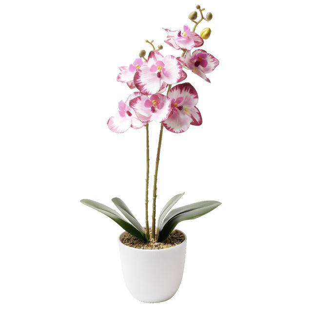 Orchid&eacute;e artificielle dans pot blanc &Oslash;11,5xH46cm (3 mod&egrave;les)