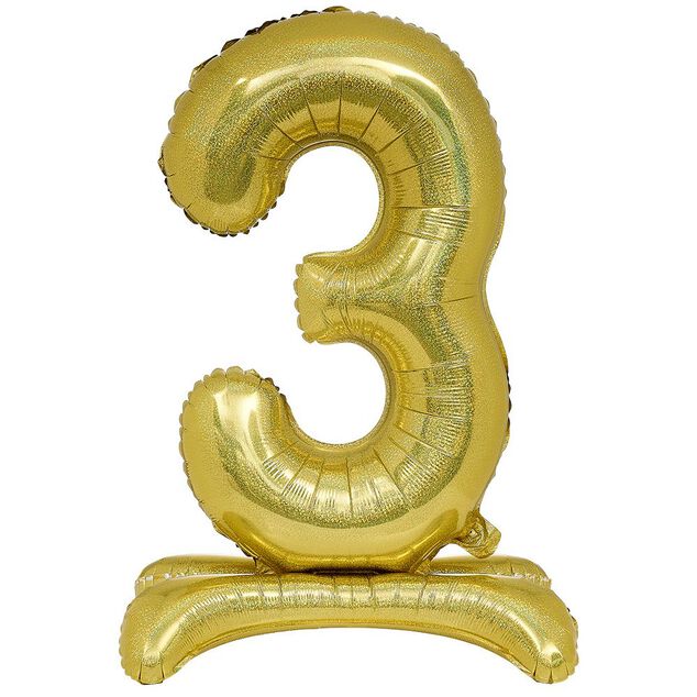 Ballon chiffre 3 doré ou argenté H80 cm avec support