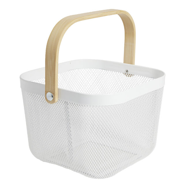 Corbeille &agrave; fruit m&eacute;tal mesh blanc et anse bambou
