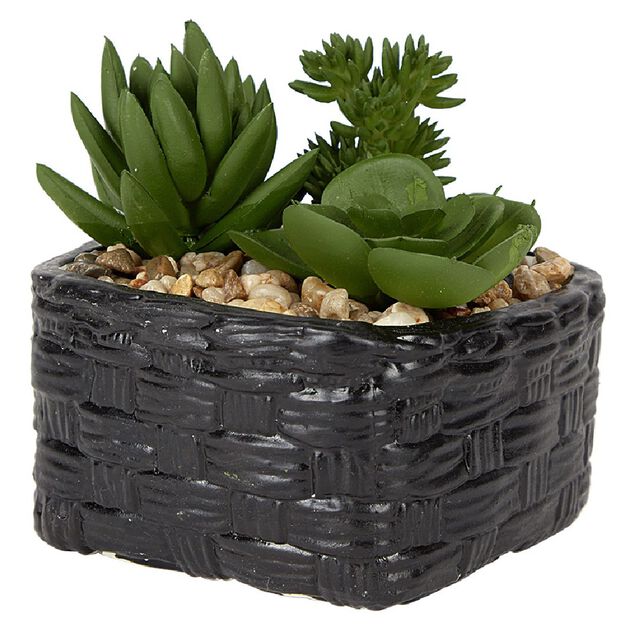 Plante grasse artificielle pot c&eacute;ramique style panier effet pierre