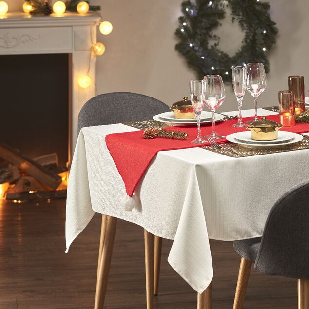Chemin de table design bonnet de Noël rouge et pompon blanc