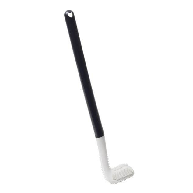 Brosse de toilette en silicone et plastique incurv&eacute;e blanc et noir H39,3cm