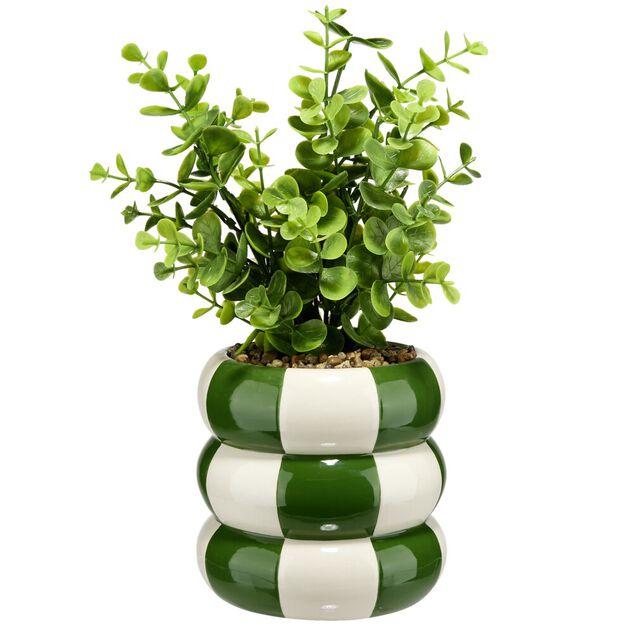 Plante grasse artificielle pot rond c&eacute;ramique damier vert et blanc &Oslash;12xH28cm