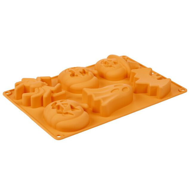Moule &agrave; g&acirc;teau Halloween x6 silicone orange 18x27cm