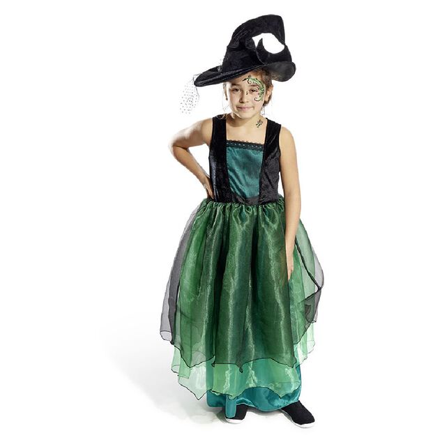 D&eacute;guisement enfant Halloween sorci&egrave;re robe chapeau noir vert 11/14ans