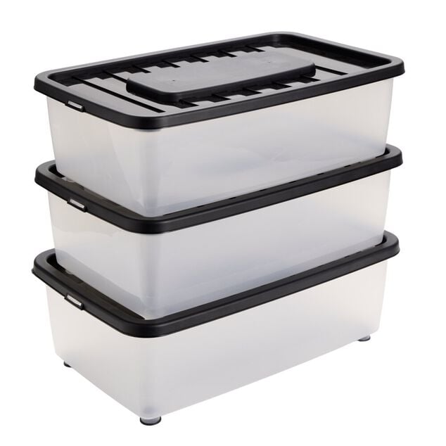 Box dessous de lit 25L x3 plastique transparent couvercle noir 56x37xH18cm