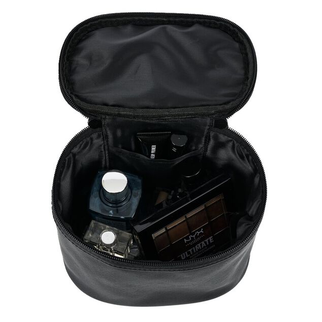 Trousse de toilette noire &agrave; pompons 17x12xH14cm