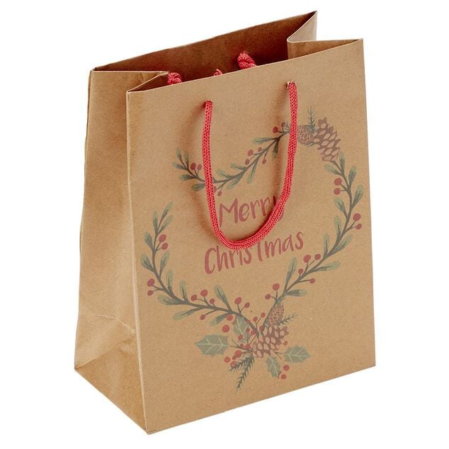 Sac cadeau papier recycl&eacute; marron lani&egrave;re rouge Taille M