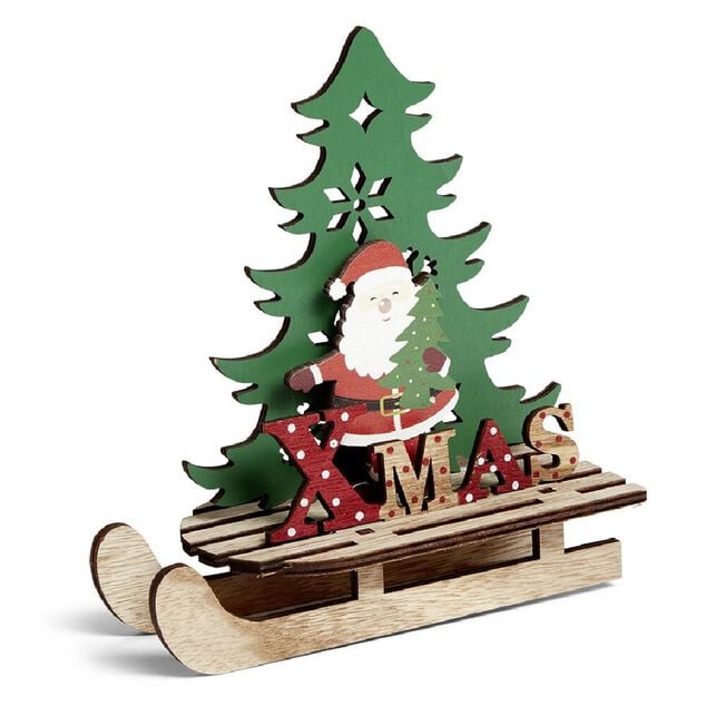 D&eacute;coration No&euml;l &agrave; poser en bois luge avec P&egrave;re No&euml;l ou renne H19cm