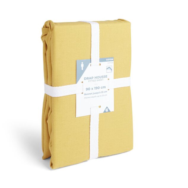 Drap housse 90x190cm 100% coton jaune moutarde