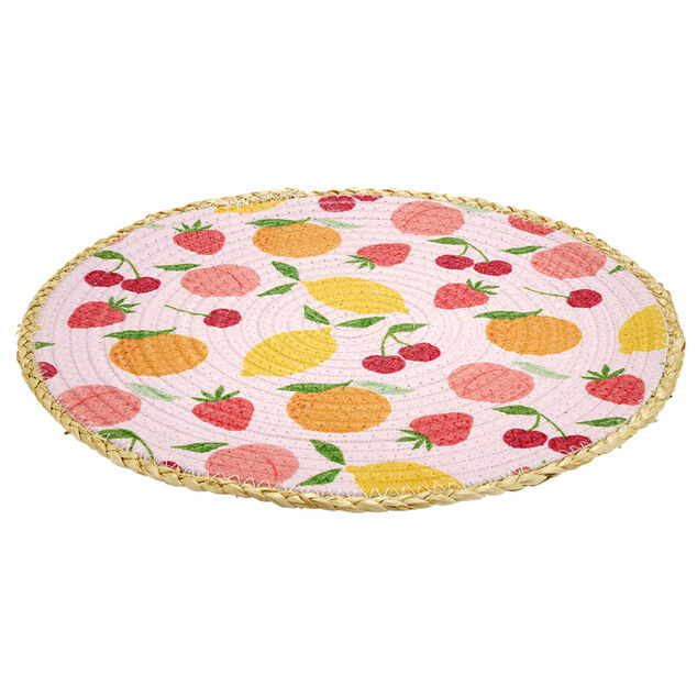 Set de table rond coton et paille fruits rose Ø35cm