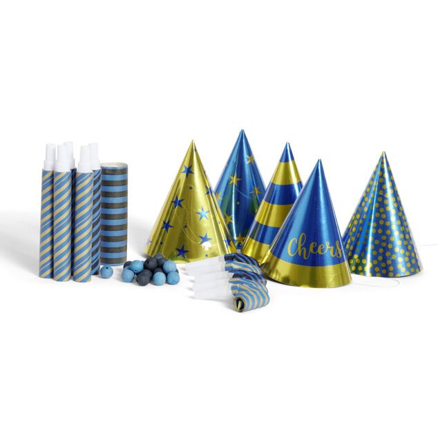 Kit de cotillons festifs bleu et dor&eacute; 5 personnes 25 pi&egrave;ces
