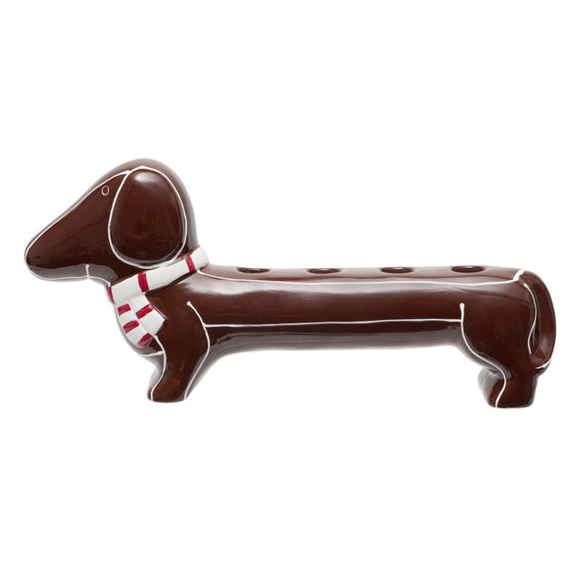 Bougeoir 4 bougies forme teckel avec &eacute;charpe c&eacute;ramique L35X6XH16 cm marron