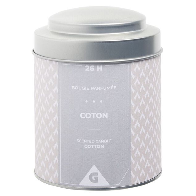 Bougie parfum&eacute;e dans pot en m&eacute;tal gris senteur coton 26H