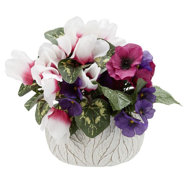 Vasque ciment buis+rose bouton+violette+pens&eacute;e H18 cm violet - Fleur artificielle