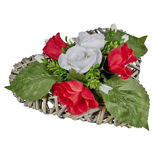 Coeur effet tress&eacute; fleur artificielle rose rouge et blanche 30x31xH16cm