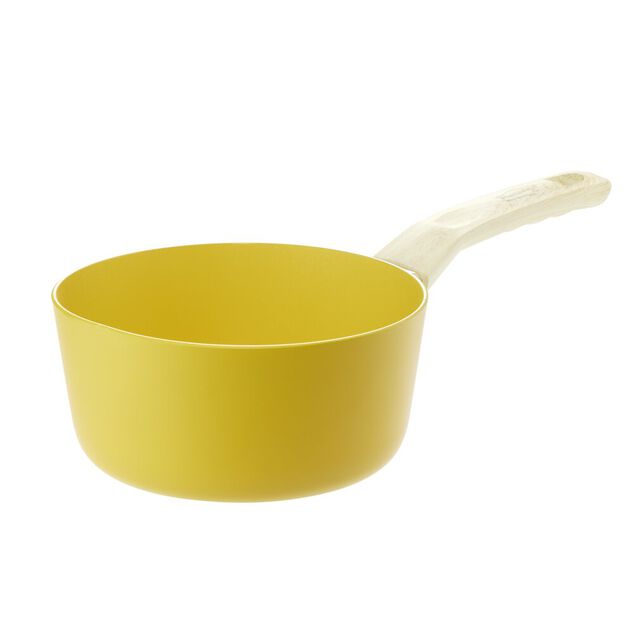 Casserole rev&ecirc;tement c&eacute;ramique jaune poign&eacute;e effet bois &Oslash;18cm