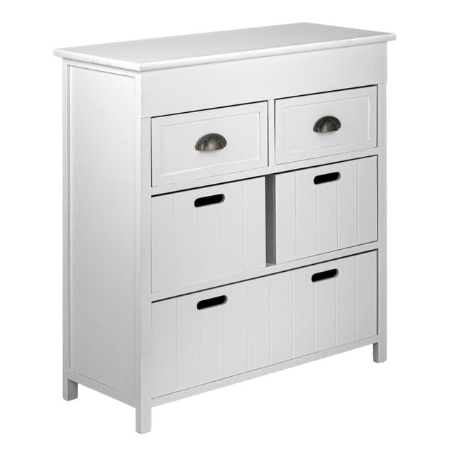 Console 5 tiroirs 2 poign&eacute;es m&eacute;tal structure bois blanc 71x29xH76cm