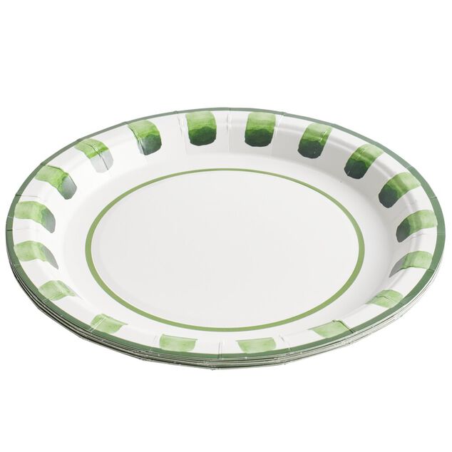Assiette &agrave; dessert carton x8 blanc contour motif vert  &Oslash;18cm