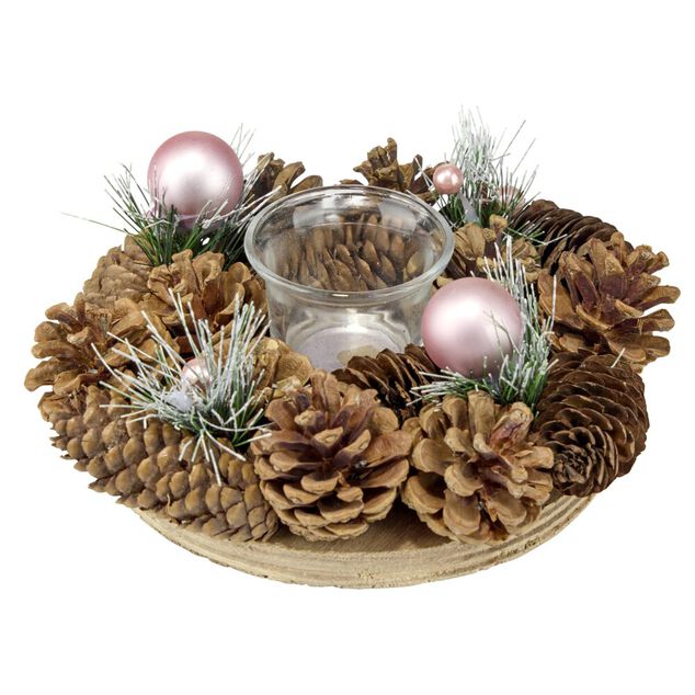Bougeoir rond d&eacute;coration pin et boules de No&euml;l L19X19XH9 cm bois et verre